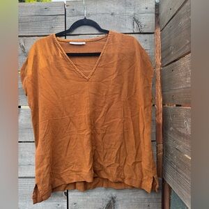 Only Child 100% linen Women's V-Neck Short Sleeve Top - Burnt Orange